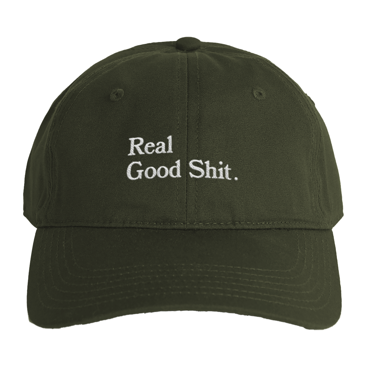 Khaki Green organic cotton twill cap with Real Good Shit embroidered on the front in white