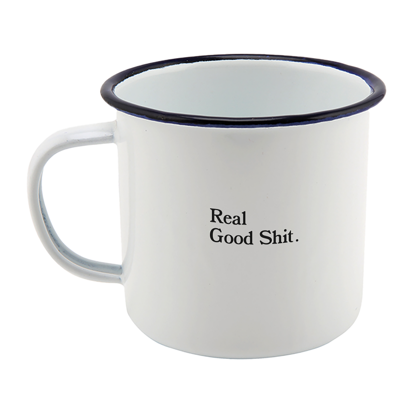 White and Navy Blue enamel mug with Real Good Shit and Tom Misch logos print design.