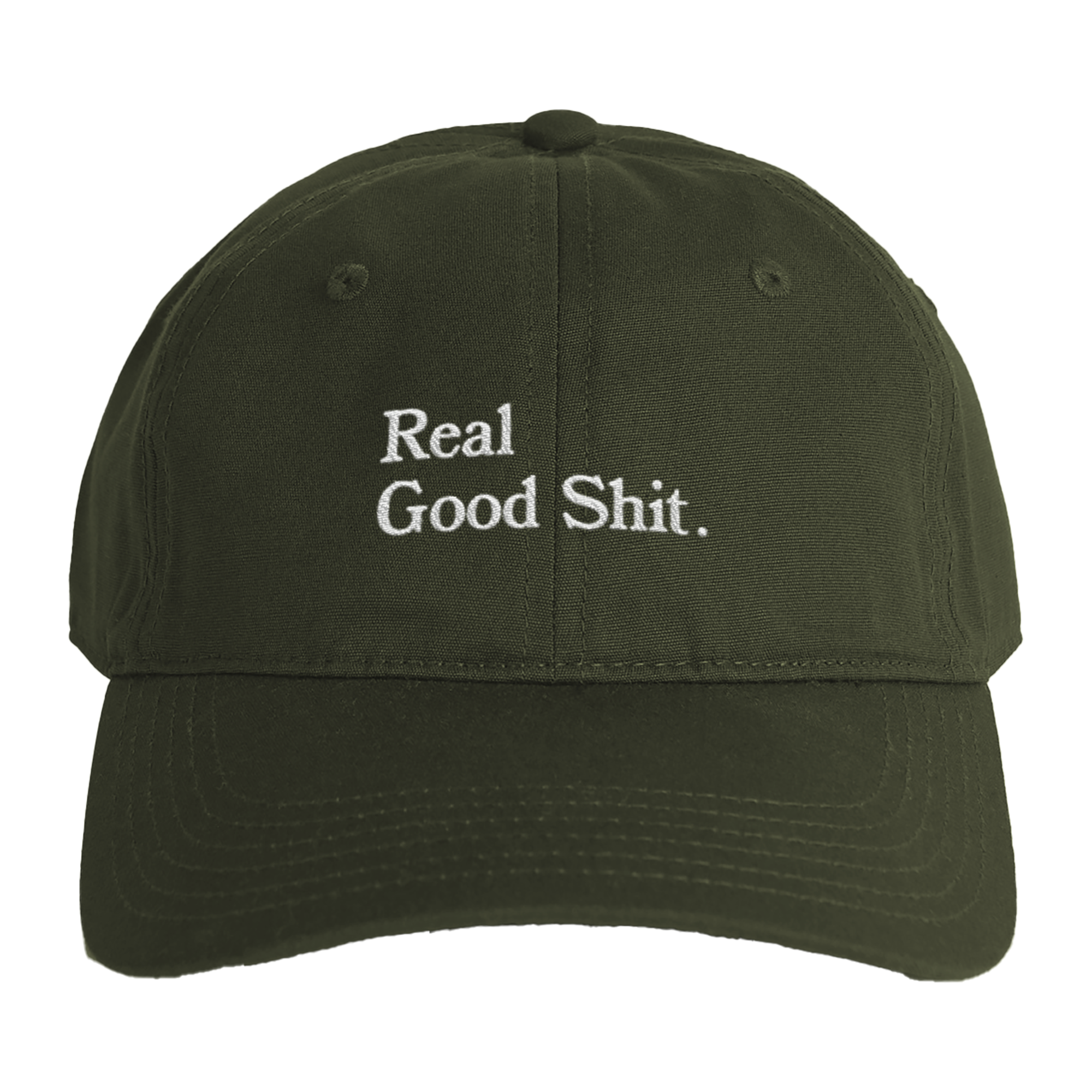 Khaki Green organic cotton twill cap with Real Good Shit embroidered on the front in white