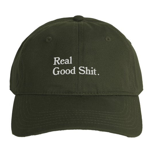 Khaki Green organic cotton twill cap with Real Good Shit embroidered on the front in white