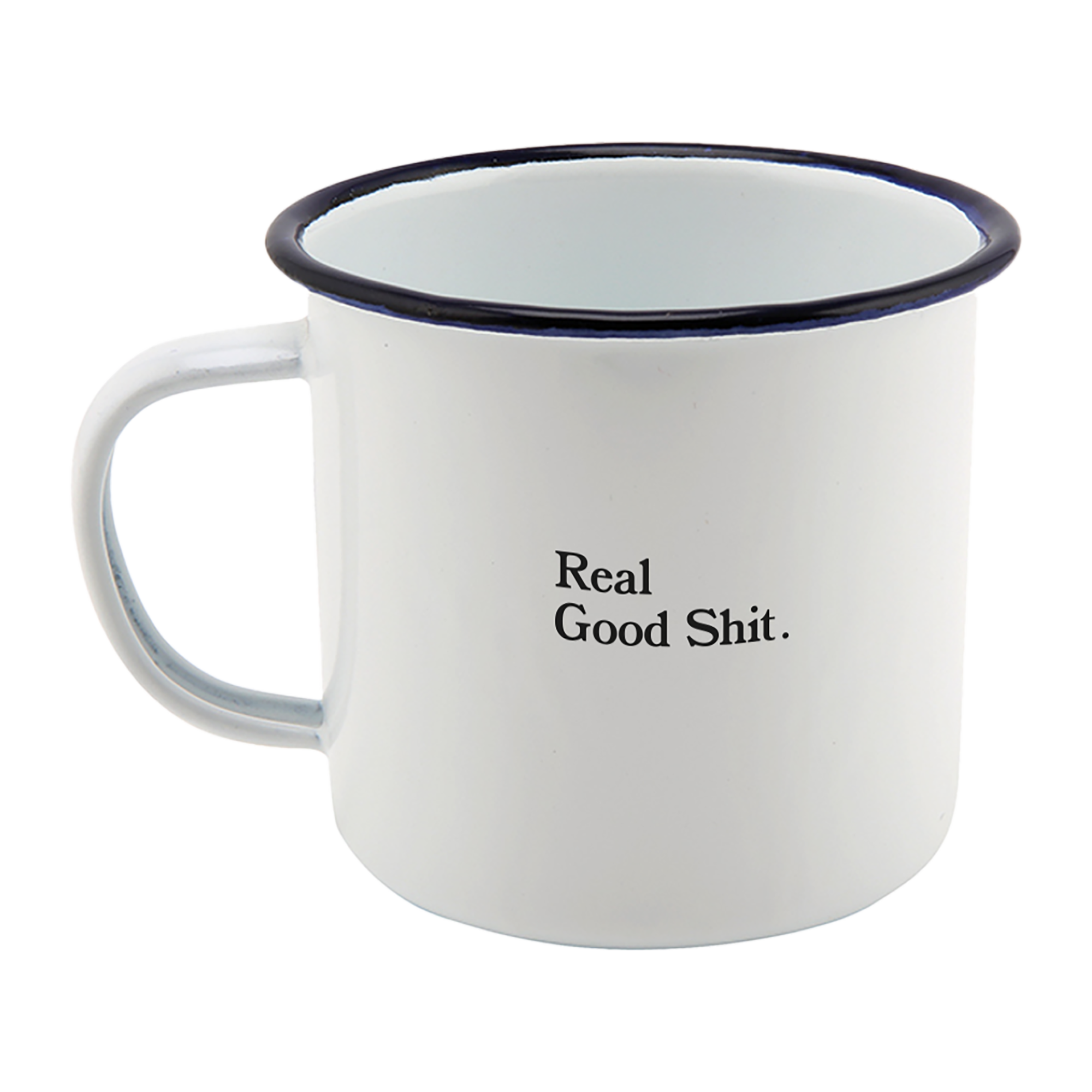 White and Navy Blue enamel mug with Real Good Shit and Tom Misch logos print design.