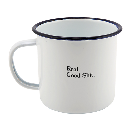 White and Navy Blue enamel mug with Real Good Shit and Tom Misch logos print design.
