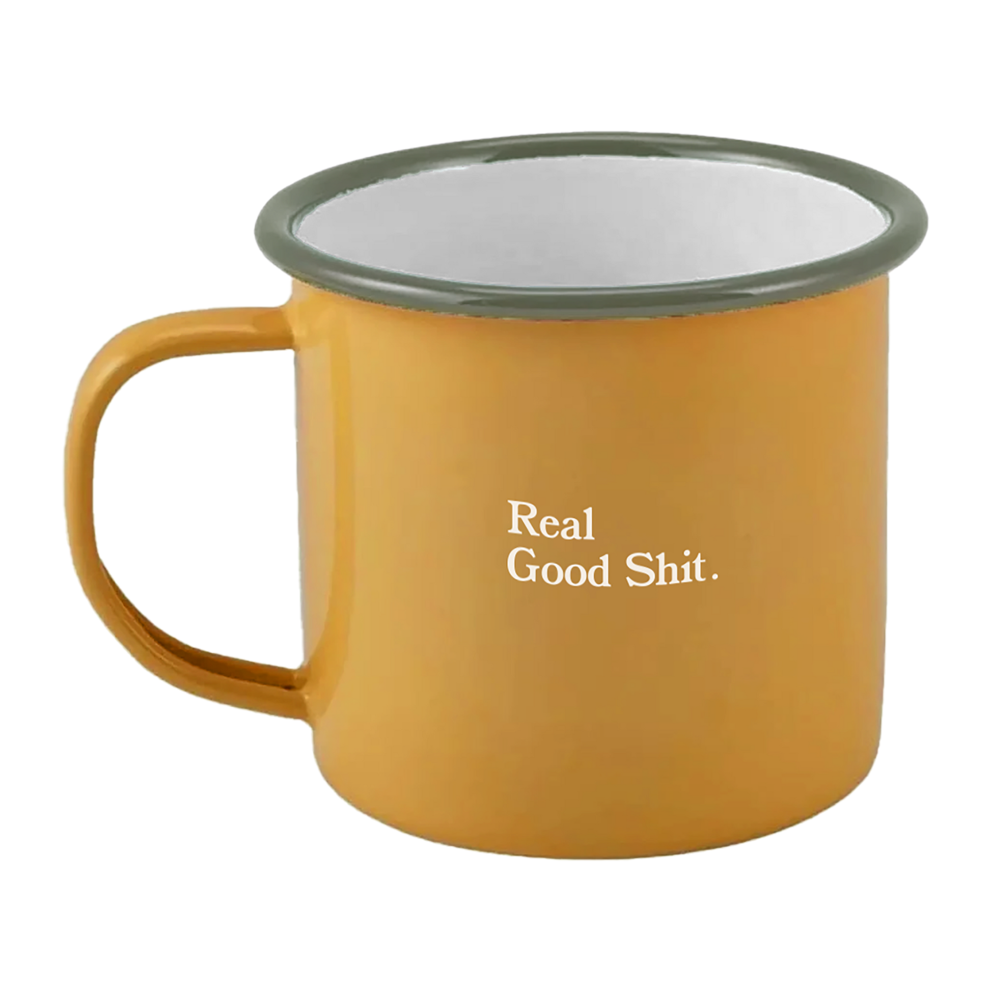 Mustard and Green enamel mug with Real Good Shit and Tom Misch logos printed design.