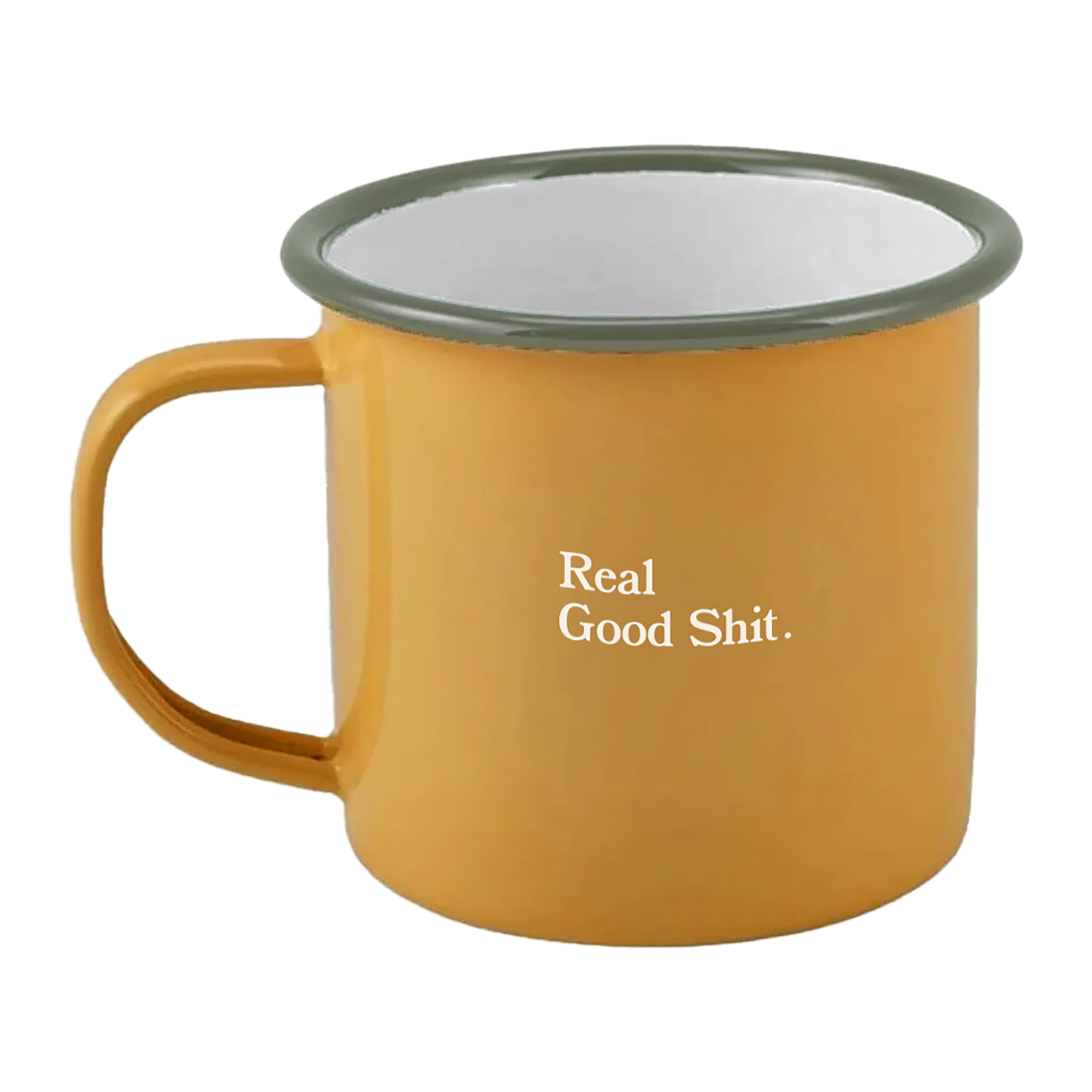 Mustard and Green enamel mug with Real Good Shit and Tom Misch logos printed design.