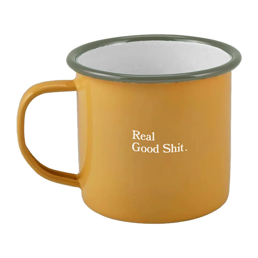 Mustard and Green enamel mug with Real Good Shit and Tom Misch logos printed design.